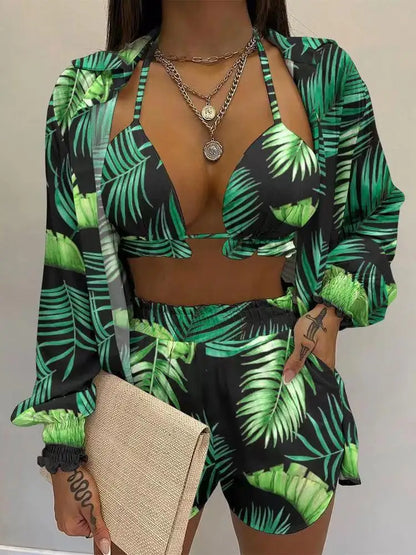 Women’s Green Print High Waist Swimwear Set