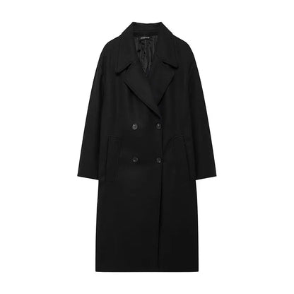 Women’s Solid Lapel Double Breasted Winter Long Coat | Elegant Streetwear Outerwear