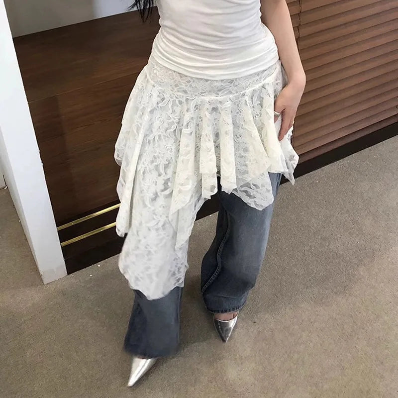 Women’s Asymmetrical Lace Skirt Pants Bottom – High Waist Layered Y2K Vintage Skirt