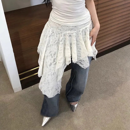 Women’s Asymmetrical Lace Skirt Pants Bottom – High Waist Layered Y2K Vintage Skirt
