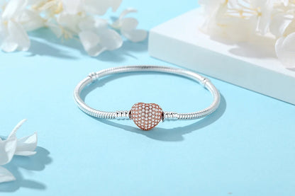 Women’s 925 Sterling Silver Bracelet – Rose Gold Snake Chain with Heart Charm Beads Jewelry