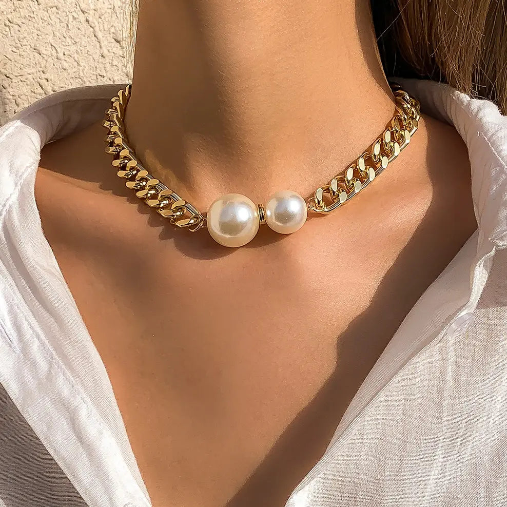 Women’s Jewelry Cuban Chain Choker Necklace | Vintage | Goth | Pearl Pendant