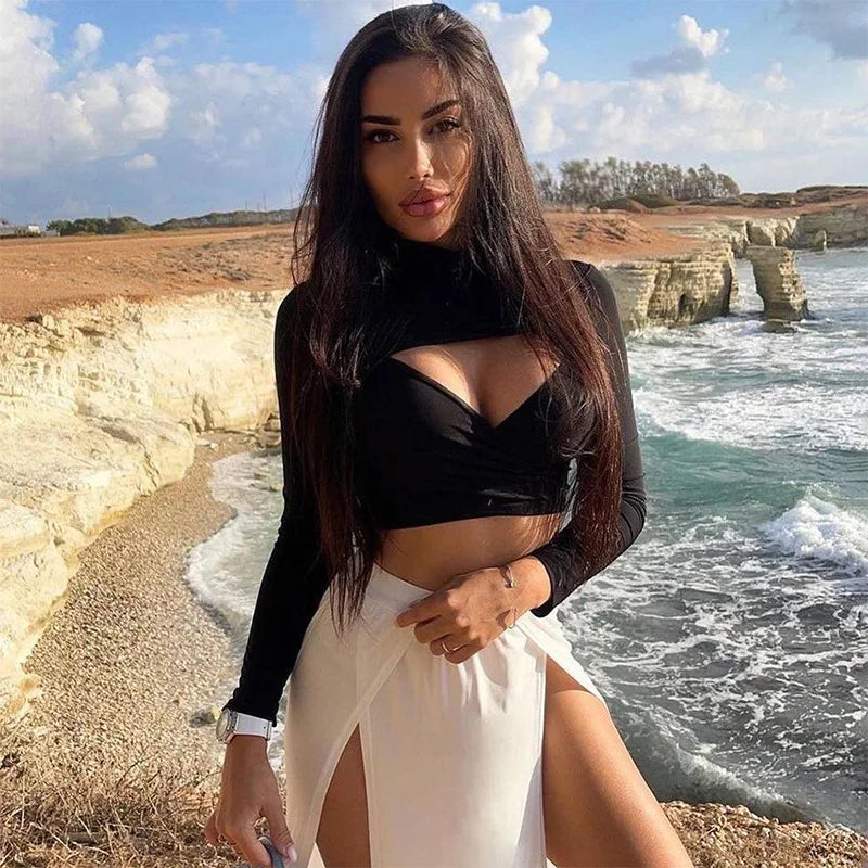 Women’s Solid Slim Hollow Out Crop Top | Long Sleeve Y2K Aesthetic Streetwear | Stylish Short Top