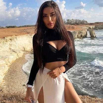 Women’s Solid Slim Hollow Out Crop Top | Long Sleeve Y2K Aesthetic Streetwear | Stylish Short Top
