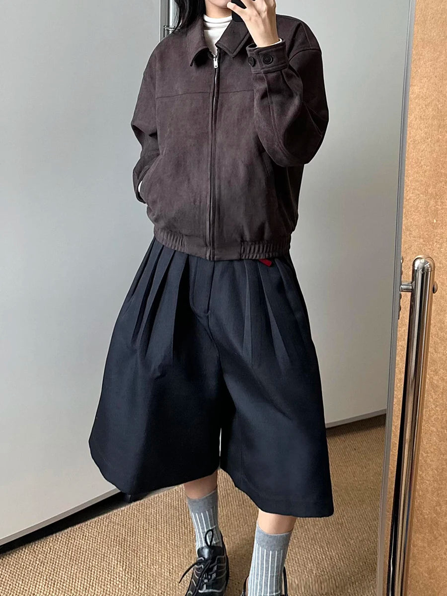 Women’s Solid Black Wide Bermuda Bottom – High Waist Pleated Streetwear Bloomers Casual Unisex Style