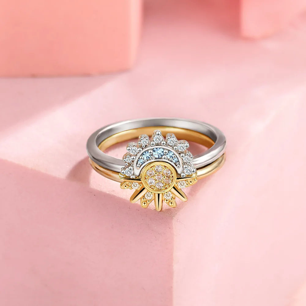 925 Silver Sun and Moon Couple Rings – Sky Blue Cubic Zirconia Matching Promise Rings for Couples, Fine Jewelry Gift Women’s