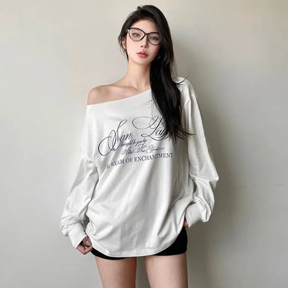 Women’s Asymmetrical Letter Print Strapless Long Sleeve Casual Top