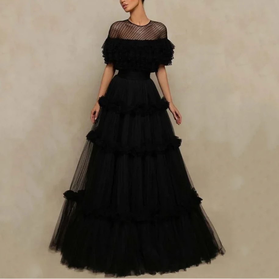 Women’s Black Tulle A-Line Evening Dress – Elegant Multilayer Prom Gown
