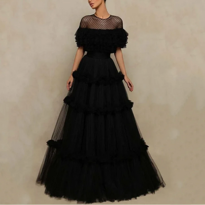 Women’s Black Tulle A-Line Evening Dress – Elegant Multilayer Prom Gown