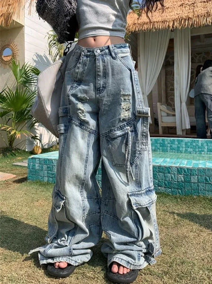 Women’s Baggy Jeans Bottom – Y2K Streetwear Wide-Leg Denim Pants with Tooling Pockets Hip Hop Oversized Style