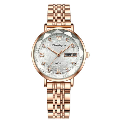 Women’s Luxury Stainless Steel Watch | Waterproof Luminous Quartz Wristwatch with Date & Week Display