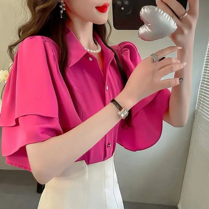 Women’s French Loose Chiffon Top | Summer Solid Color Sleeve Elegant Shirt | Casual Lightweight Fashion Shirt