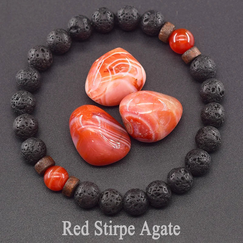 Men’s Tiger Eye & Lava Stone Bead Bracelet – Tibetan Buddha Elastic Wristband Jewelry