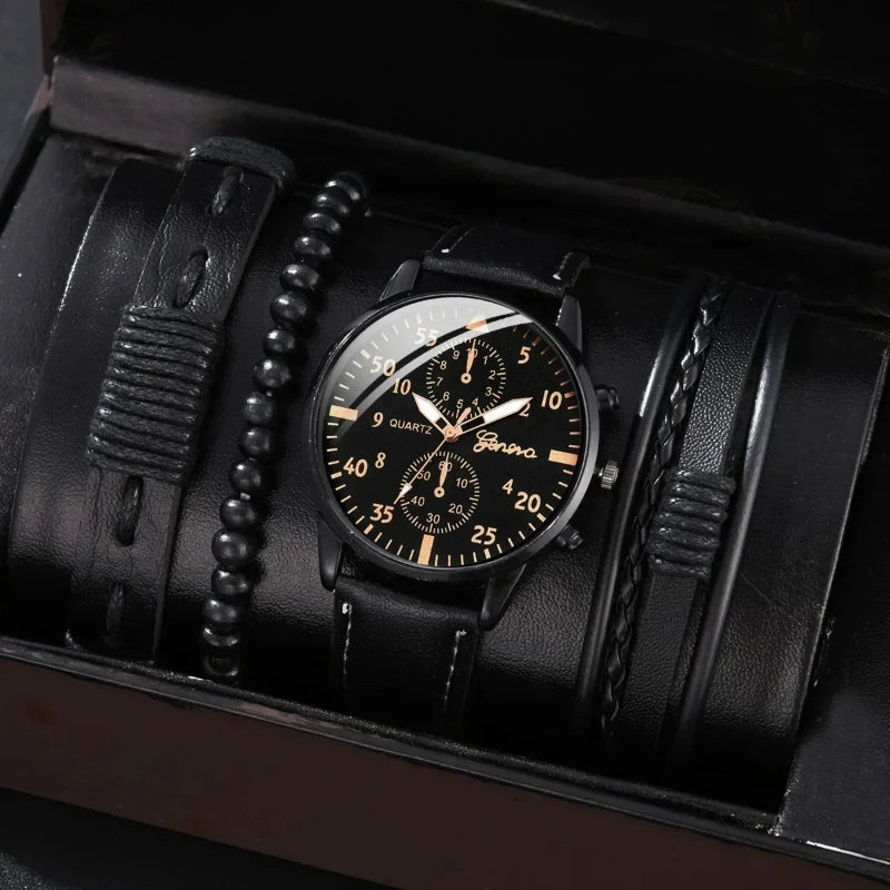 Men’s Luxury Watch Jewelry Set – Leather Strap Fashion Wristwatches Gift Pack with bracelet