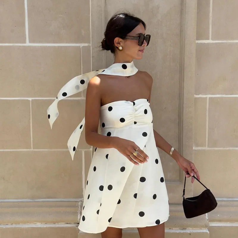 Women’s Polka Dot Mini Dress | One-Shoulder Backless Pleated Summer Luxury Dress | Elegant Sexy Party Wear