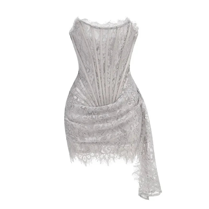 Women’s Strapless Lace Sexy Mini Dress – Elegant Party Sheer Patchwork Slim Fit Gown