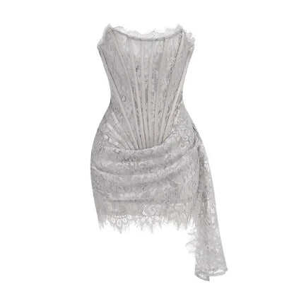 Women’s Strapless Lace Sexy Mini Dress – Elegant Party Sheer Patchwork Slim Fit Gown