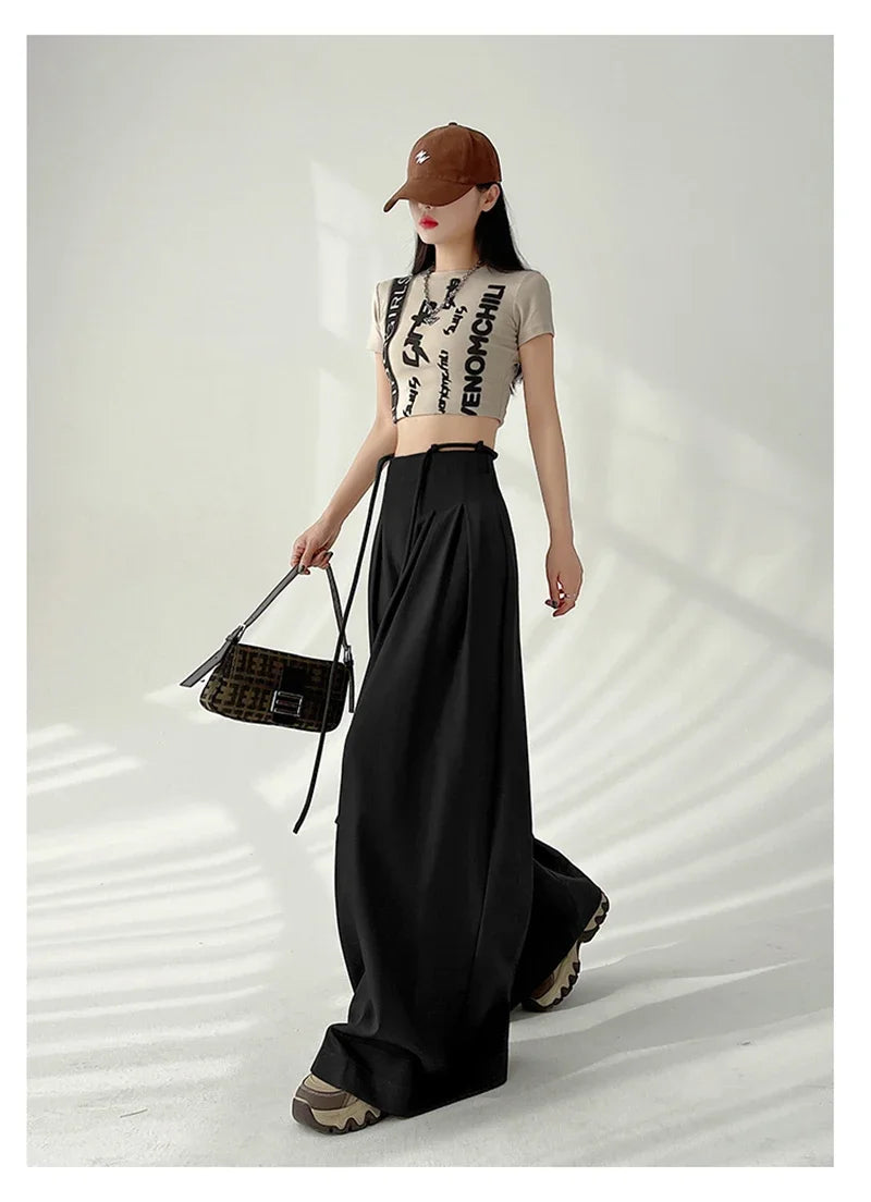 Women’s Streetwear Wide Leg Pants Bottom – Korean High Waist Lace-Up Suit Trousers, Elegant Black Summer Fashion