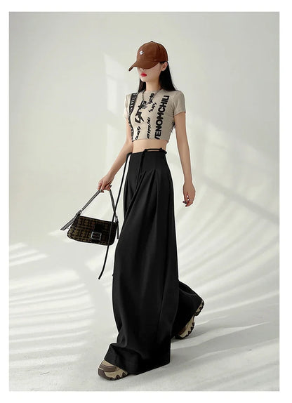 Women’s Streetwear Wide Leg Pants Bottom – Korean High Waist Lace-Up Suit Trousers, Elegant Black Summer Fashion