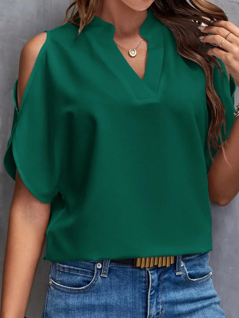 Women’s Elegant V-Neck Off-Shoulder Shirt – Solid Color Office Blouse Y2K Summer Top