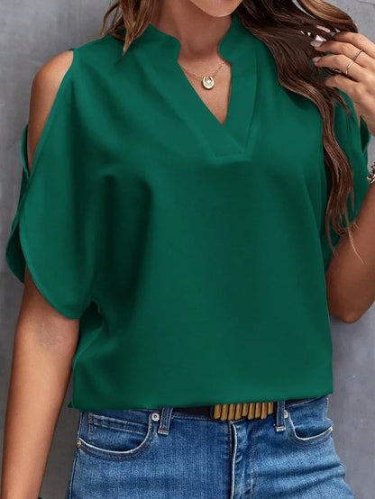 Women’s Elegant V-Neck Off-Shoulder Shirt – Solid Color Office Blouse Y2K Summer Top
