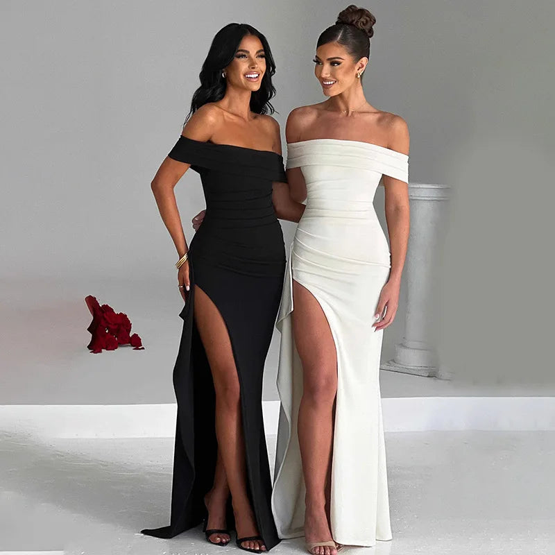 Women’s Off-Shoulder Evening Dress – Elegant High Slit Formal Maxi