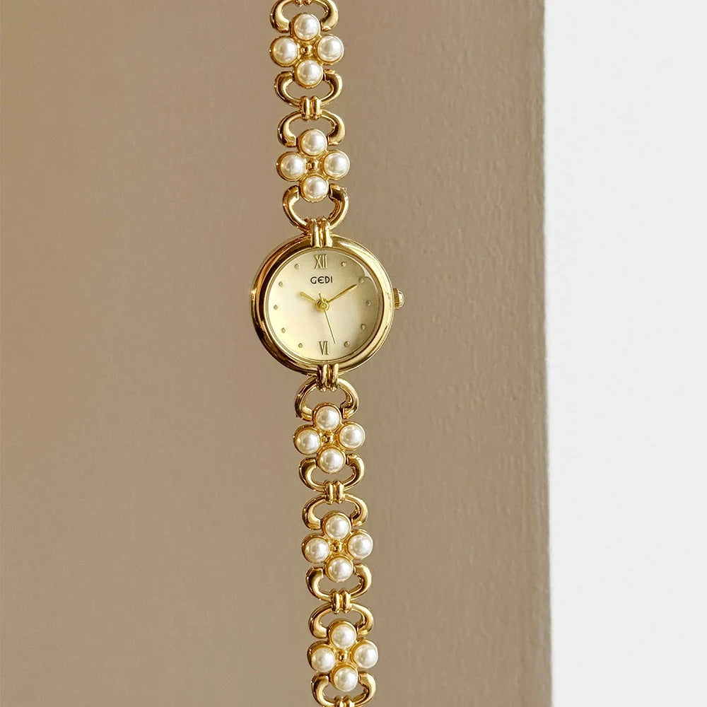 Women’s Small Gold Quartz Watch | Vintage | Pearl Chain | Elegant