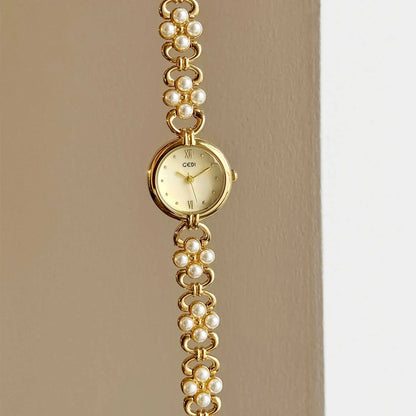 Women’s Small Gold Quartz Watch | Vintage | Pearl Chain | Elegant