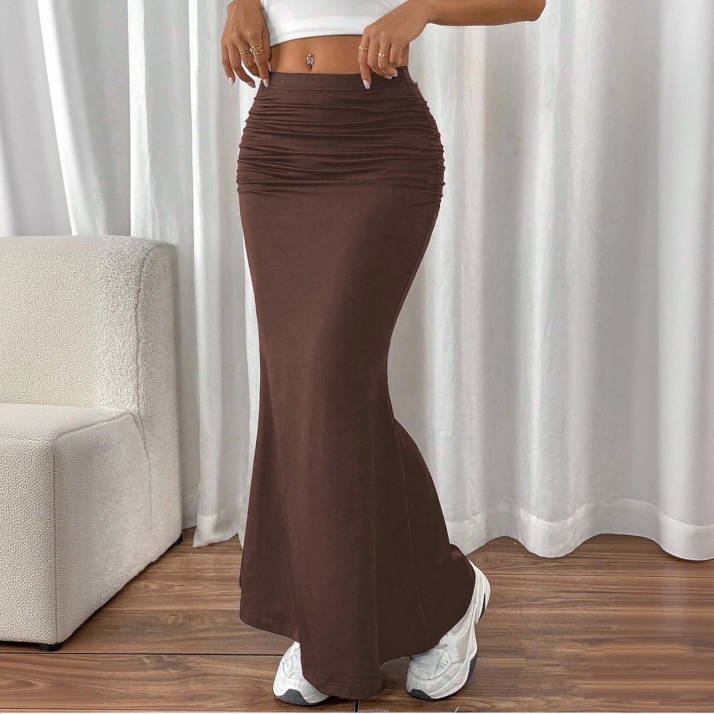 Women’s High Waist Fishtail Skirt Bottom – Slim Fold Detail Elegant Fashion Skirt for Spring Summer Streetwear