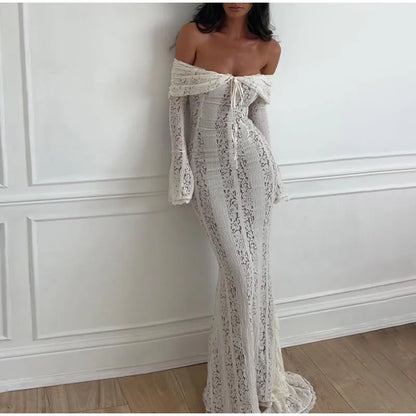Women’s Lace Hollow Out Strapless Gown – Elegant Off Shoulder Backless Maxi Dress for Party & Evening Events