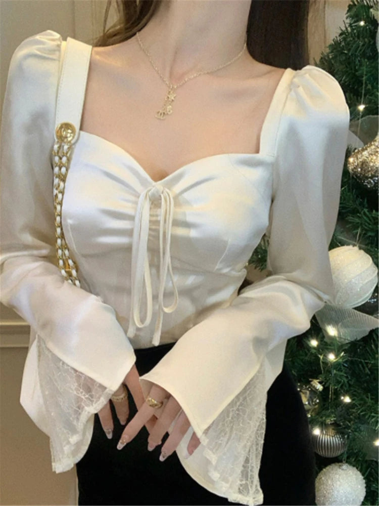 Women’s Lace Flare Sleeve Elegant Top | Sexy Lovely Korean Fashion Retro Pure Slim Spring Blouse