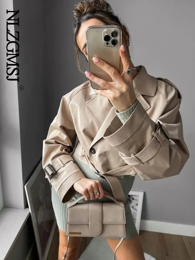 Women’s Belted Cropped Trench Jacket | Vintage Double-Breasted Spring Streetwear | Long Sleeve Coat