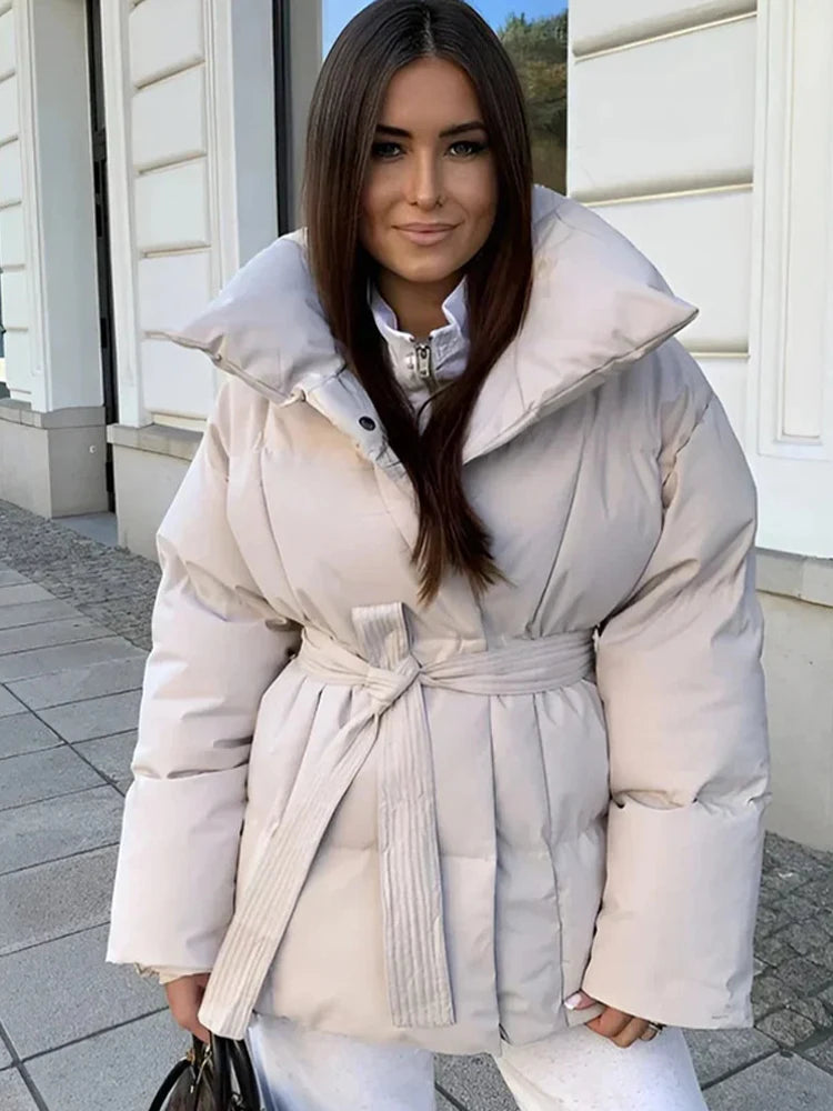Women’s Cotton Outerwear – Short Lace-Up Warm Puffer Jacket