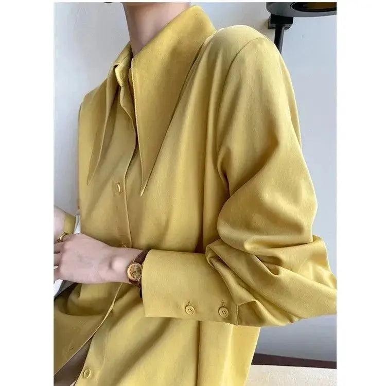 Women’s Career Loose Shirt Top | Pointed Collar Solid Long Sleeve French Office Blouse