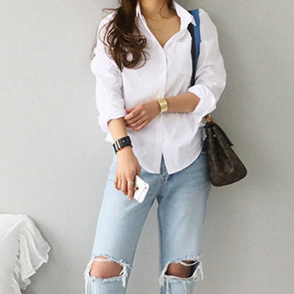 Women’s White Cotton Blouse – Long Sleeve Casual Office Shirt Elegant OL Style Top