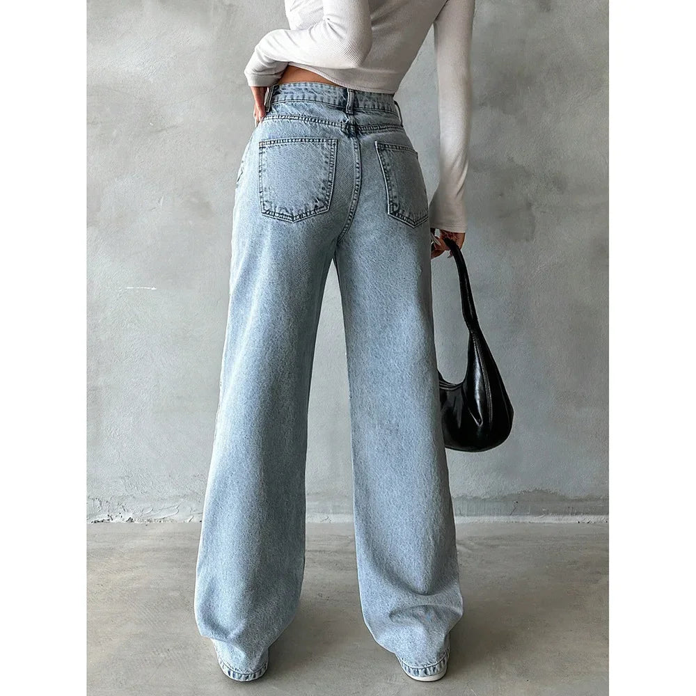 Women’s Wide Leg Jeans – High Waist Vintage Washed Denim Pants Bottom