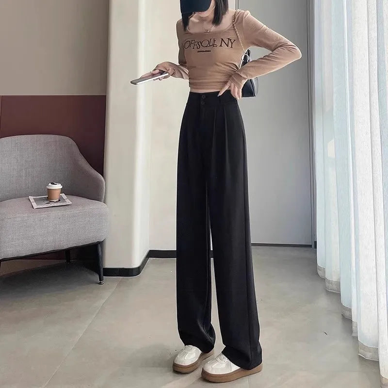 Women’s High-Waist Wide-Leg Suit Pants – Loose Straight Trousers for Spring & Summer, Korean Fashion Casual Style