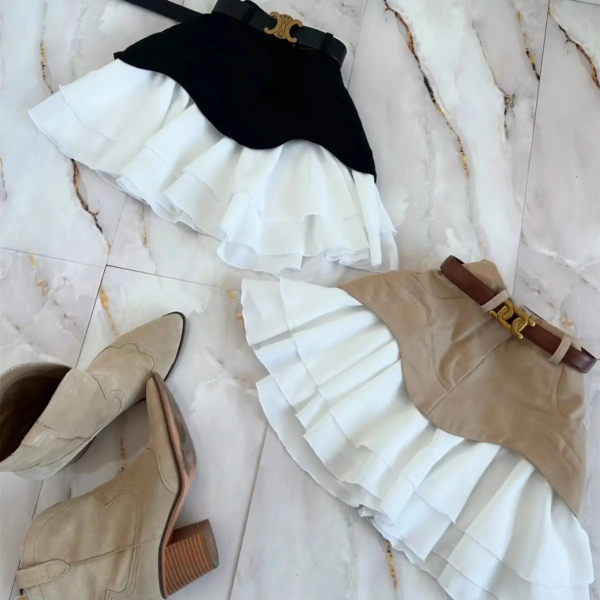 Women’s Chic Ruffles Skirt Bottom – High Waist Pleated A-Line Splice Skirt Spring Summer Fashion