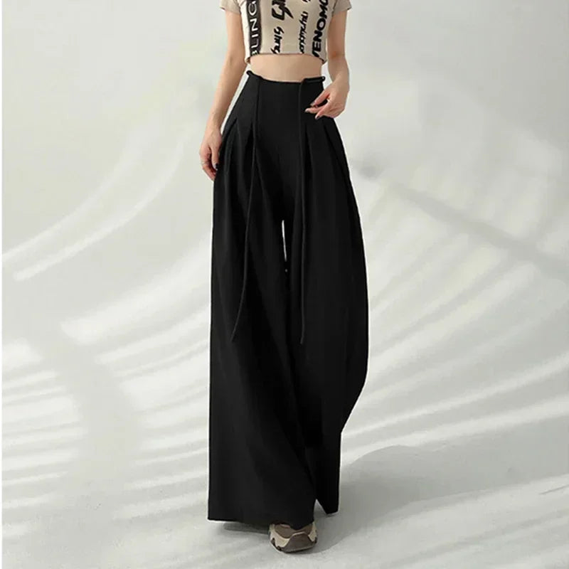 Women’s Streetwear Wide Leg Pants Bottom – Korean High Waist Lace-Up Suit Trousers, Elegant Black Summer Fashion