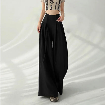 Women’s Streetwear Wide Leg Pants Bottom – Korean High Waist Lace-Up Suit Trousers, Elegant Black Summer Fashion