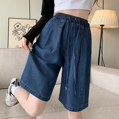 Women’s Denim Bermuda Bottom – High Waist Lace-Up Loose Wide Leg for Spring Summer