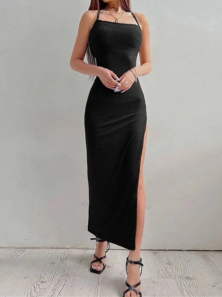 Women’s Black Halter Neck Maxi Dress – Sleeveless High Split Elegant Summer Evening Party Dress