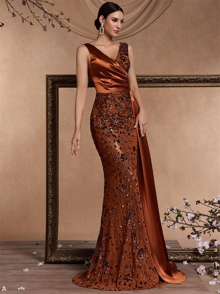 Women’s Sequin Mermaid Evening Maxi Dress – Elegant V-Neck Sleeveless Formal Gown