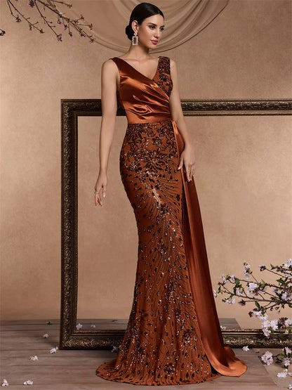 Women’s Sequin Mermaid Evening Maxi Dress – Elegant V-Neck Sleeveless Formal Gown