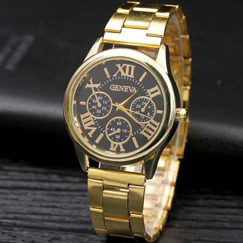 Men’s Light Luxury Watch – Gold Stainless Steel Wristwatch with 3-Eye Dial