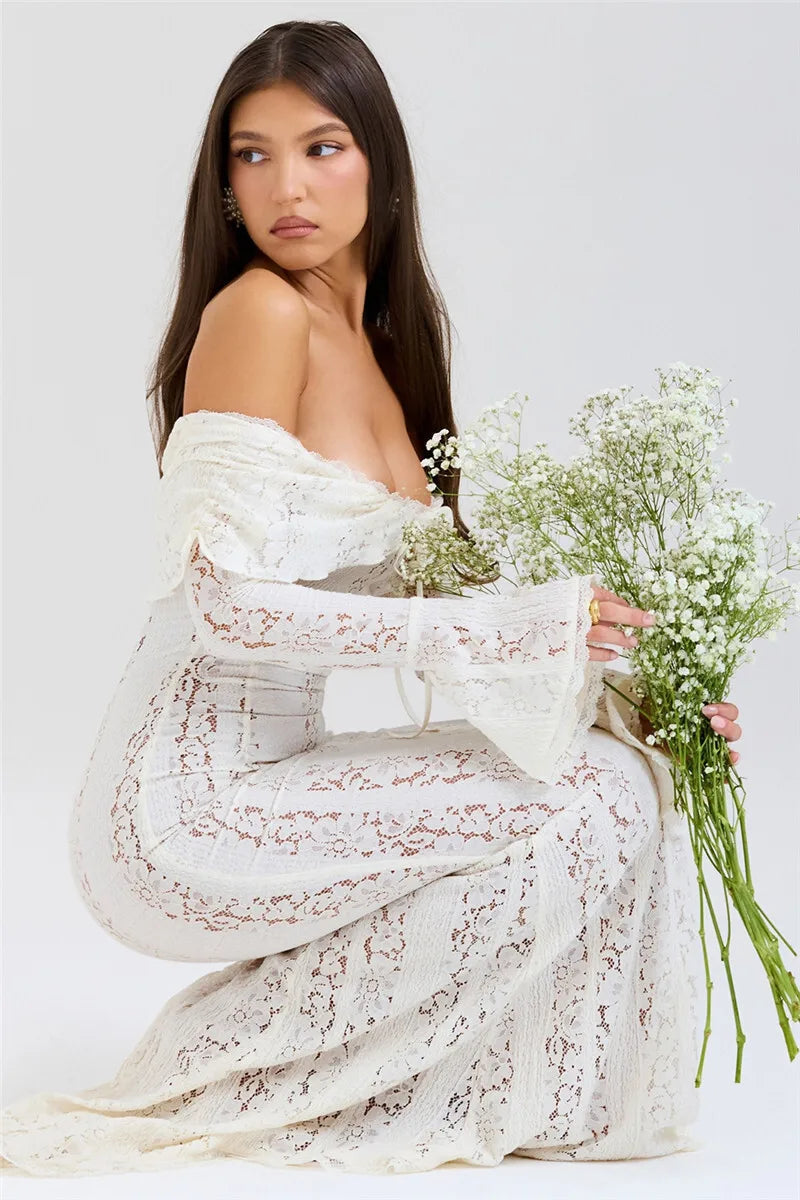 Women’s Floral Lace Off-Shoulder Maxi And Mini Dress – Strapless Backless Party Dress