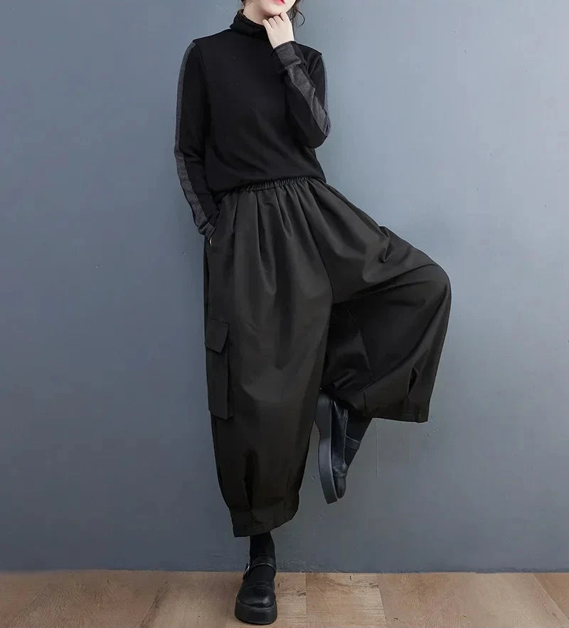 Women’s Vintage Cargo Pants Bottom – Spring Summer High Elastic Waist Oversized Loose Black Trousers with Pockets
