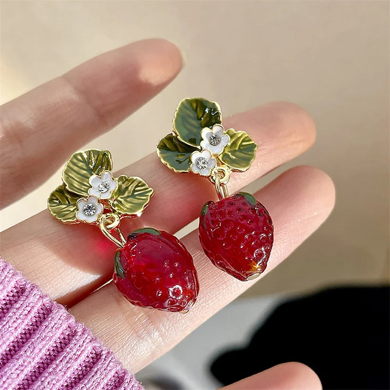 Women’s Strawberry Flower Drop Earrings – 3D Red Fruit & Green Leaf Dangle Jewelry
