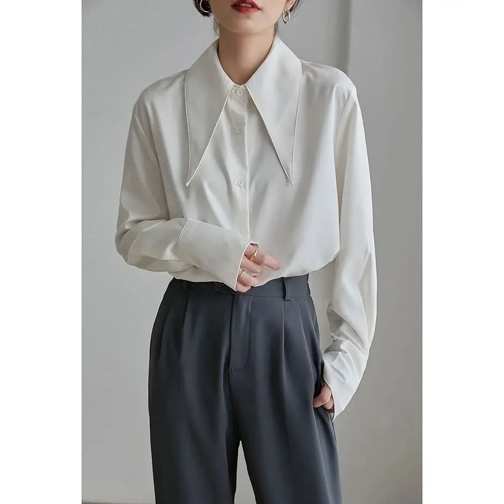 Women’s Career Loose Shirt Top | Pointed Collar Solid Long Sleeve French Office Blouse