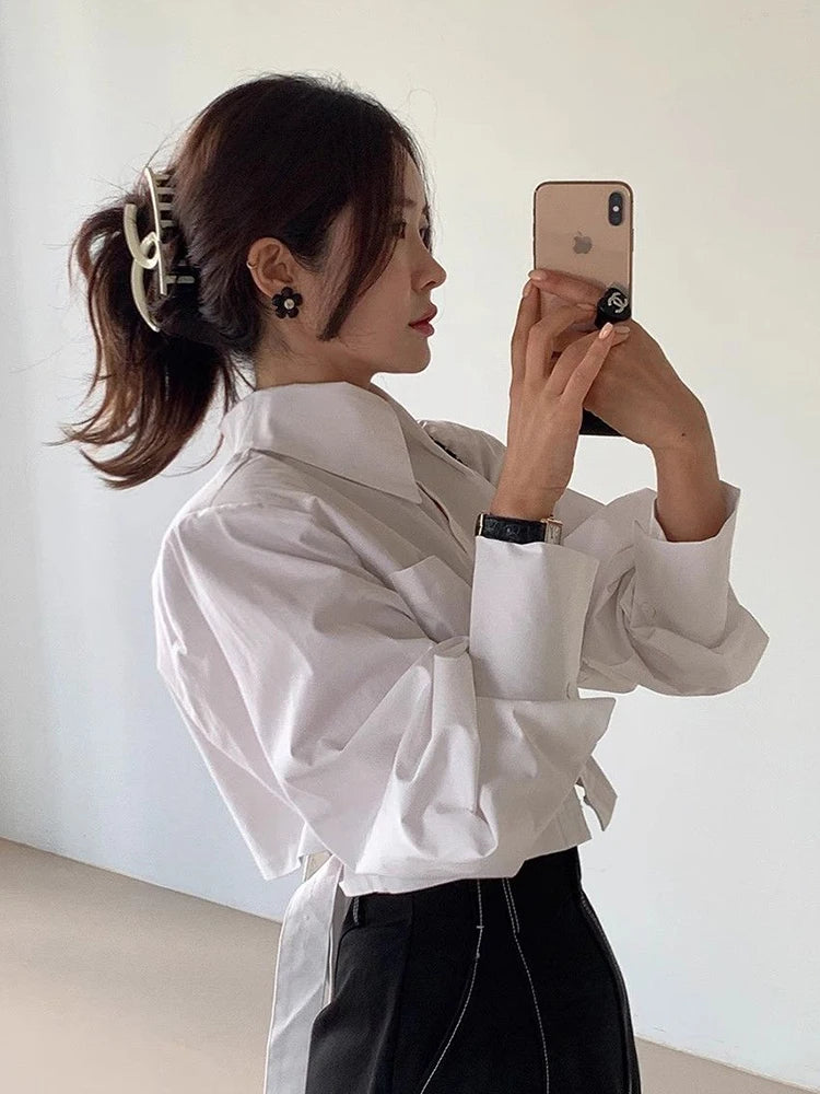 Women’s Korean Cropped White Shirt Top | Lace-Up Back Vintage Blouse | Elegant Hollow Out Long Sleeve Spring Top